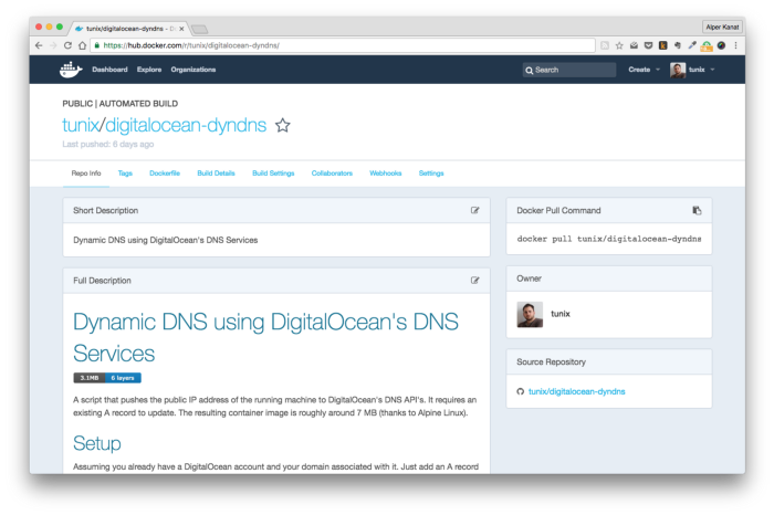GitHub’daki digitalocean-dyndns adlı projemin Docker imajları Docker Hub tarafından otomatik oluşturuluyor.